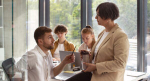 family business conversation at desk